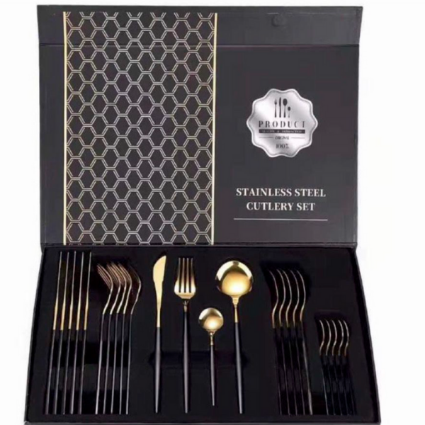 24 Pieces Stainless Steel Cutlery Set -Black and Gold