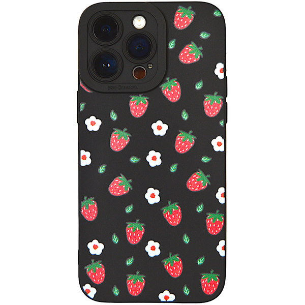 Black - Phone Case with Strawberries &amp; Florals - Iphone 14 Pro Max