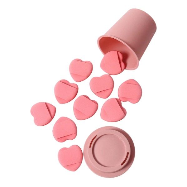 10 Pieces Heart-Shaped Finger Cushion Powder Puff Set With Storage Cup - Pink