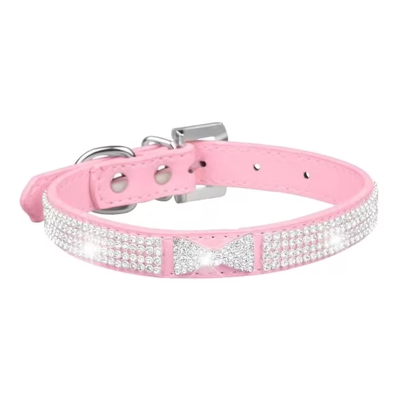 Pink Rhinestone Dog Collar with Bow -PU Leather, Sparkling &amp; Stylish-Size M