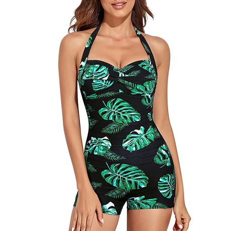 Women One Piece Ruched Swimsuit Tummy Control Retro Halter Boyleg Swimwear Floral Print S Daily Sale Shop