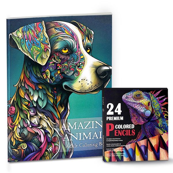 Amazing Animals Adult Coloring Book Set with 24 Premium Colored Pencils