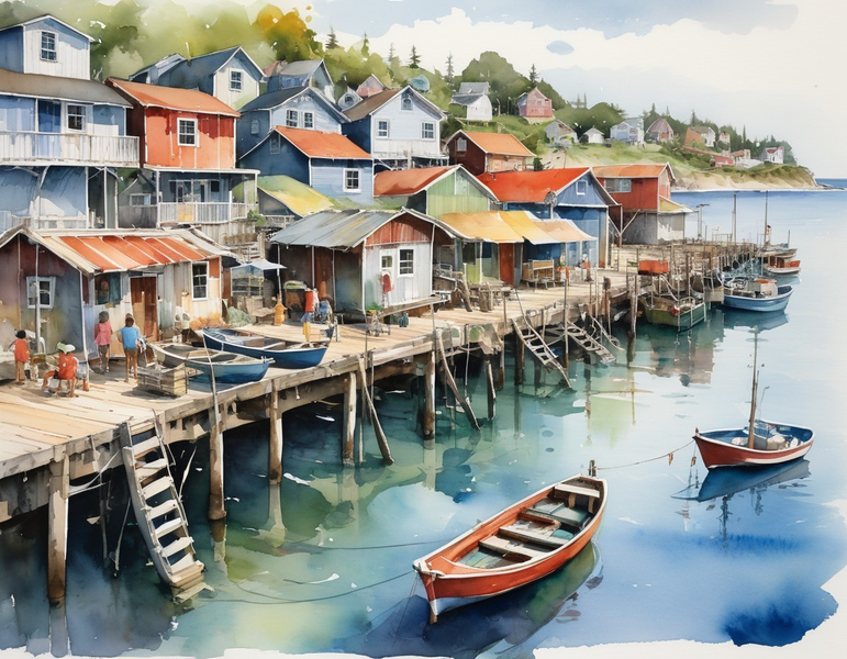 Canvas Wall Art Decor - Fishing Village Artwork
