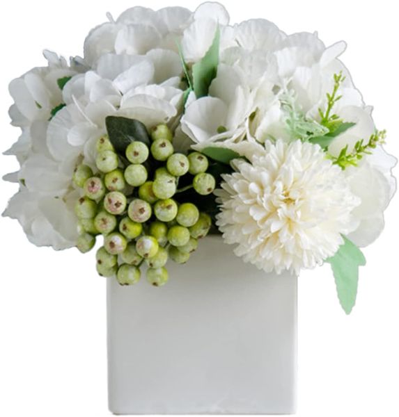 Artificial White Hydrangea Silk Flowers in Vase Home Wedding Decor