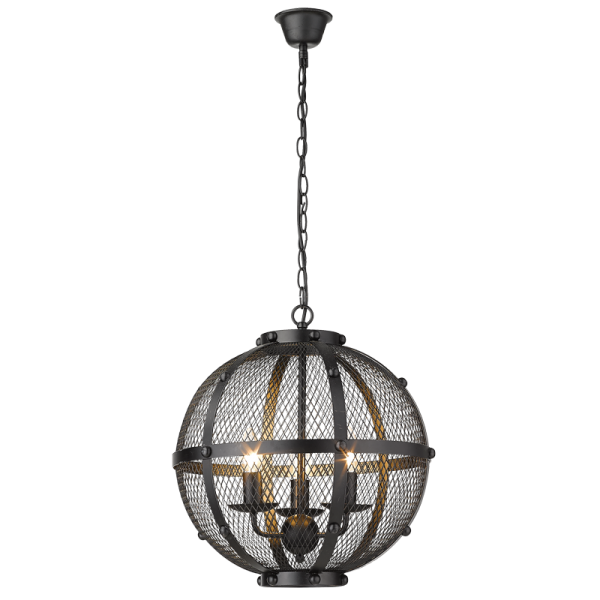 3 Light Round Black Pendant with Inner Chandelier &amp; Outer Black Mesh