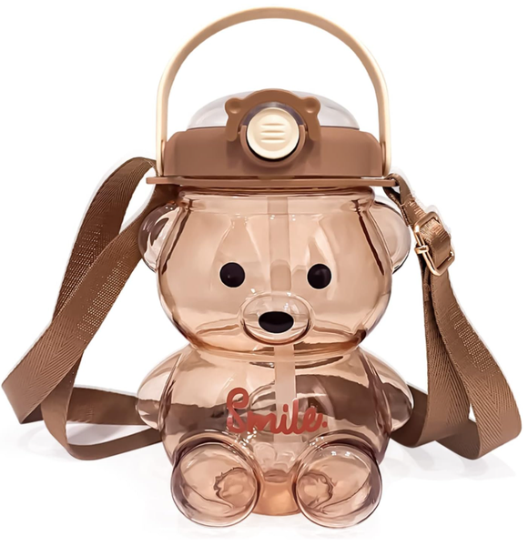 Bear Water Bottle with Straw and Strap Cute Water Bottles for Kids (Brown)