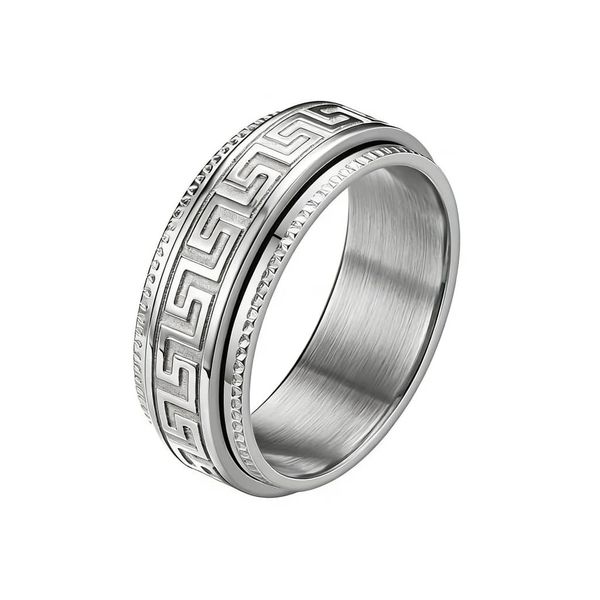Silver Spinner Stainless Steel Fidget Ring Anxiety Ring Brushed Greek Key