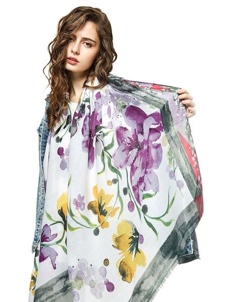 Ladies Scarf Shawl Wrap Satin Purple with Flowers