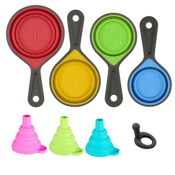 3 Collapsible silicone funnels With 4 Collapsible Measuring Cups