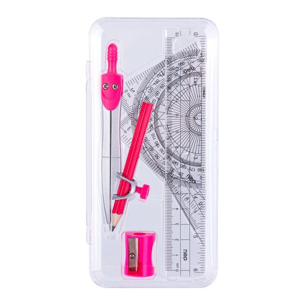 DELI Maths Set - 15cm Ruler, Protractor, Set Square, Compass, Random Color