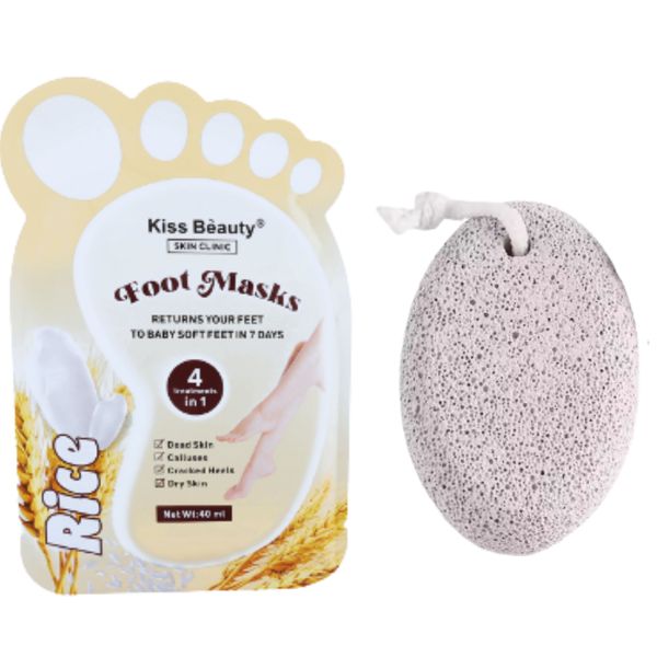 Pack of 2 Rice Foot Masks and Pumice Stone