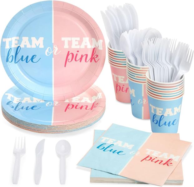 Baby Gender Reveal Party Plates Set for 24 Guests - 144 Piece