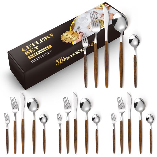 20 Piece wooden handle Stainless Steel Cutlery Flatware Sets KnifeForkSpoon