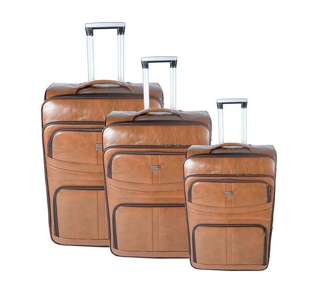 3-Piece PU Leather Luggage Set - Brown Woven - Spinner Wheels &amp; Secure Lock