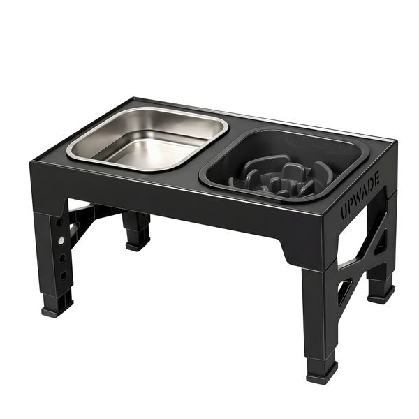 Adjustable Stainless Steel Dog Bowl Stand with Slow Feeder and FoldableLegs