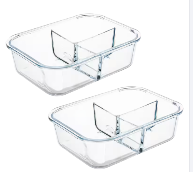 Rectangular Glass Food Storage Container 3 Compartment Meal Prep 1.04L 2Pc