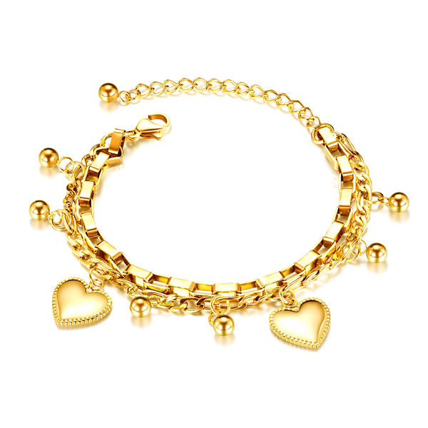 Gold Ladies Heart and Ball Charm Bracelet