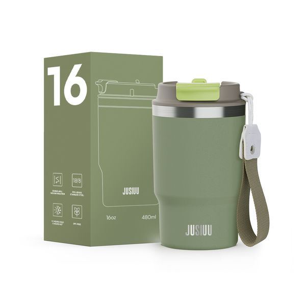 JUSIUU Insulated Coffee Mug Double Wall Vacuum Stainless Steel Carry Strap