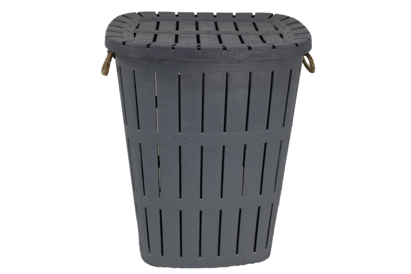 62L Grey Laundry Basket with Rope Handles and Hinged Lid - Wooden Texture