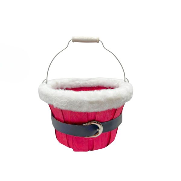 2Pc Santa Belt Christmas Basket Faux Fur Lined &amp; Metal Handle - 15x23cmØ