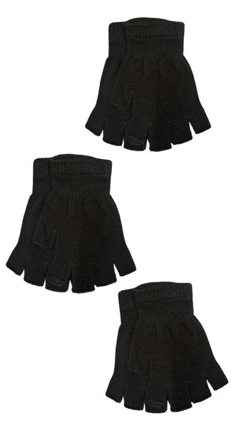 Black Fingerless Knit Gloves - Stretch Winter Gloves Set of 3