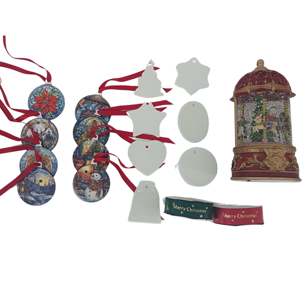 Christmas Gift Set- Snow Globe, LED Tree Decor, Ceramic Ornaments &amp; Ribbons