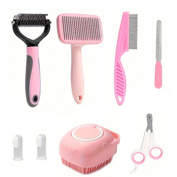 Eight Piece Set Of Pet Care Tools, Suitable For Cats And Dogs - Pink Color