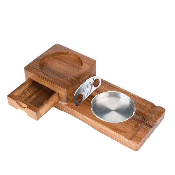 Whiskey Glass Tray and Wooden Ash Tray with Cigar Cutter