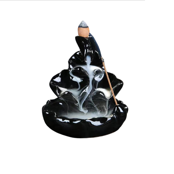 Porcelain Lotus Waterfall Backflow Incense Cone Burner - Black