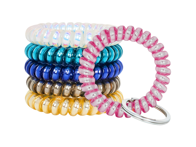 6-Pack Wrist Coil Keychains Stretchable Car Key Holders, Bright Silver