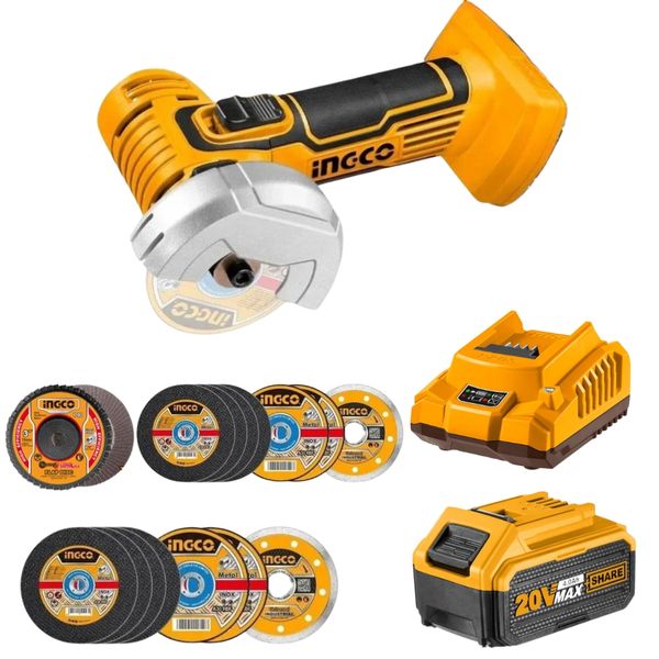 Ingco - Mini Cut-off Tool/Grinder with 4.0Ah Battery, Charger &amp; Mini Discs