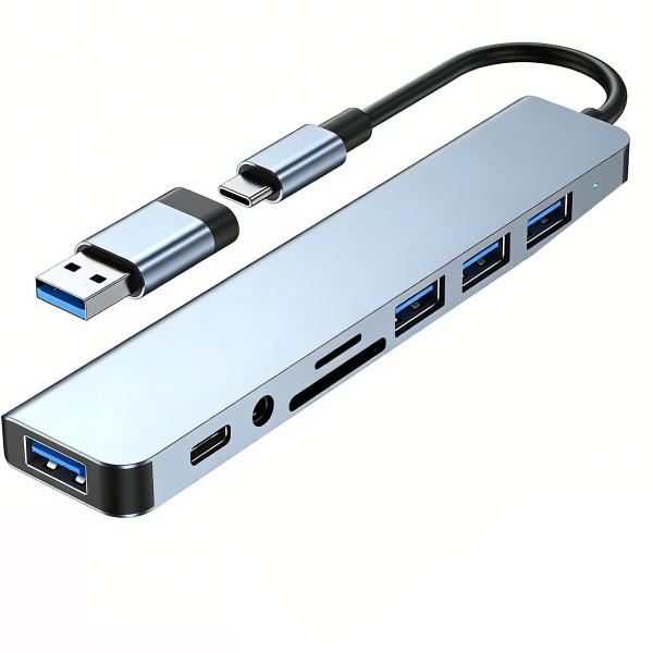 8-in-2 USB Hub - USB SD/TF Card Reader, 3.5mm Audio Jack &amp; USB-C Port