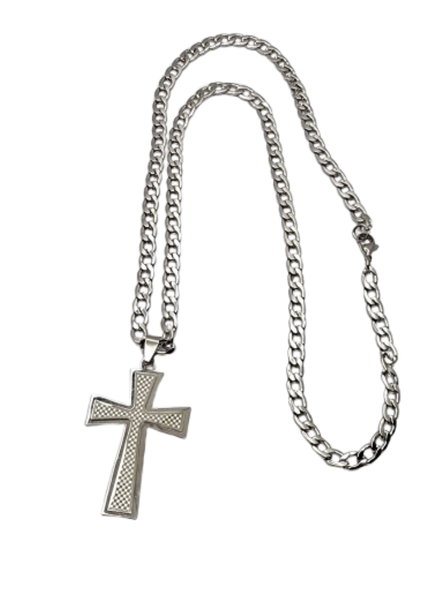 Stainless Steel Cross With Checkered DesignWith Heavy Curb Link Chain