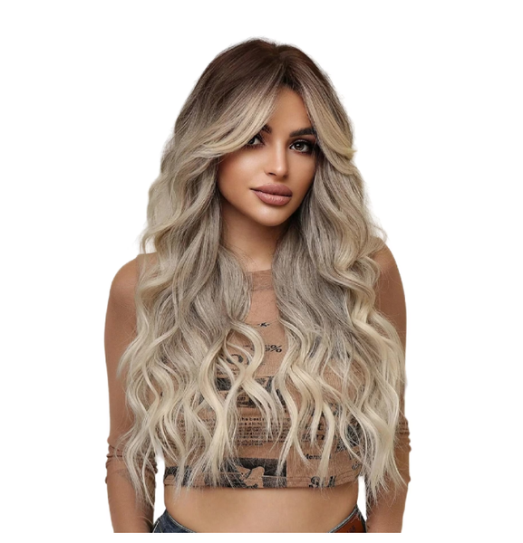 Women's Long Wavy Curl Wig with Bangs, Ash-Gold Highlights, 65cm