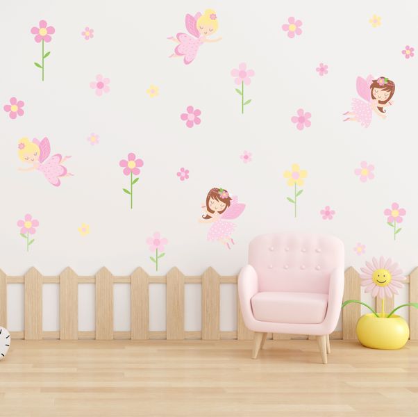 Pink Flowers with Fairies wall stickers