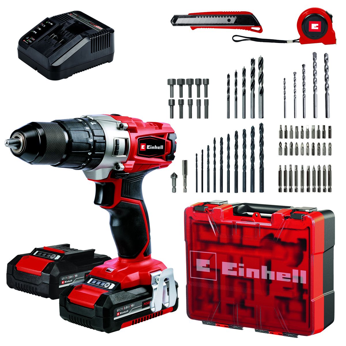 EINHELL Cordless Impact Drill Kit 2x2Ah Batteries + 64 accessory set