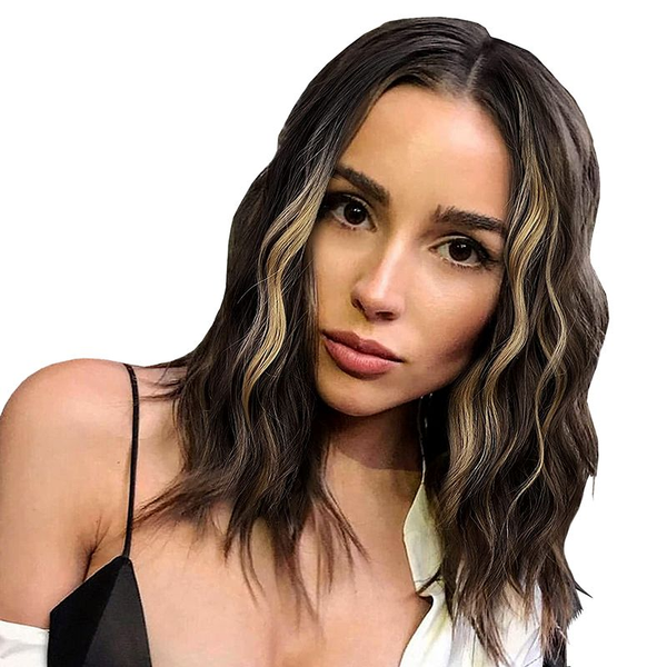 14 inch dark brown highlights medium length Chicken rolls wig