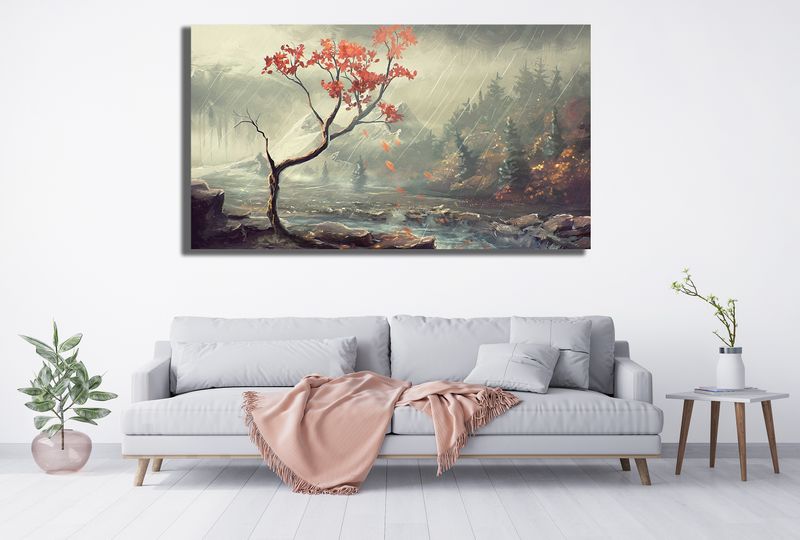 0033 Red Leaves in storm Canvas Wall Art