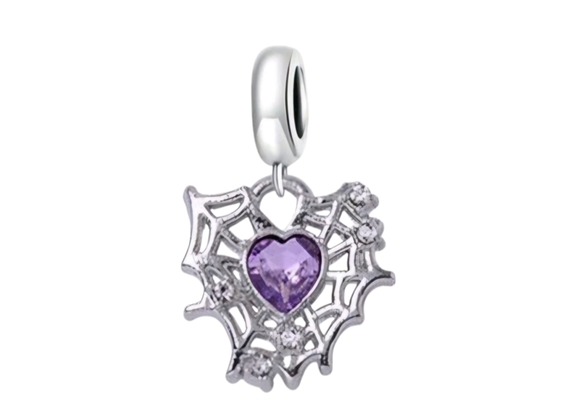 Silver, Purple Stainless-Steel Heart Web Y2K Charm
