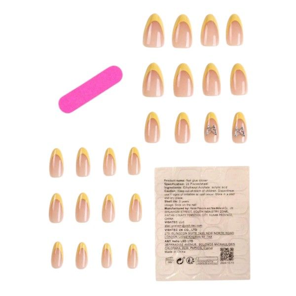24 Piece - Press On Nails With Butterfly Accent &amp; French Tip - Baby Yellow