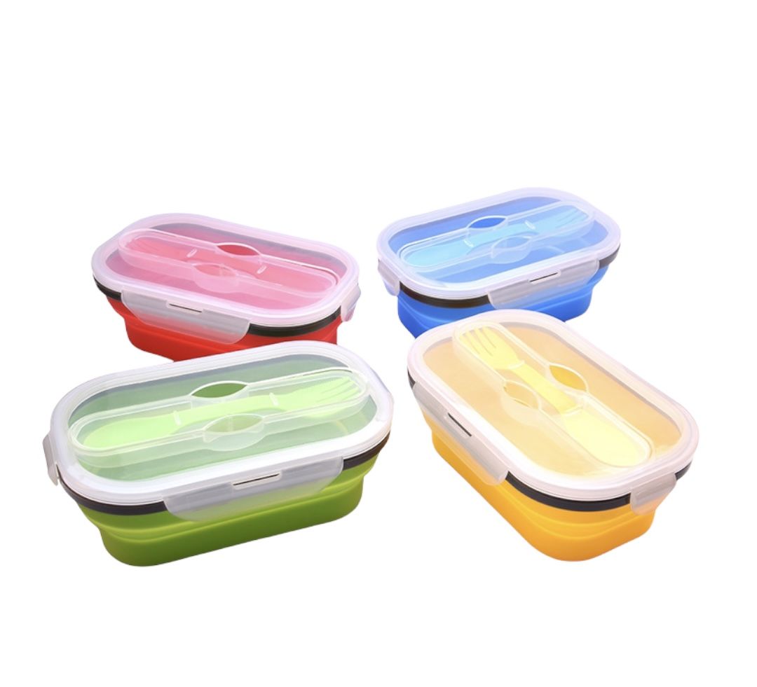 Collapsible 4 Piece Silicone Bento Lunch Box Food Container With Fork 