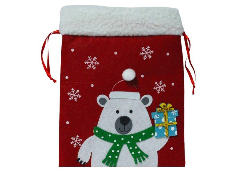 Red Felt Christmas Gift Bag with Polar Bear - 205x20x260mm with Fur Trim
