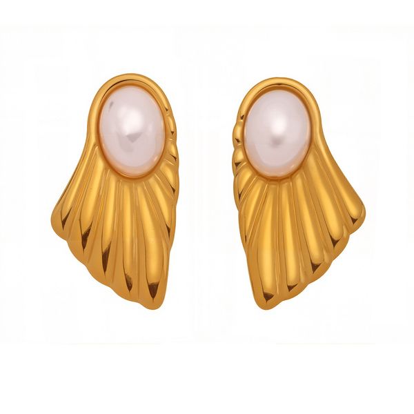 Pearl Fan Earrings - Brushed Gold Finish Ins Style Studs
