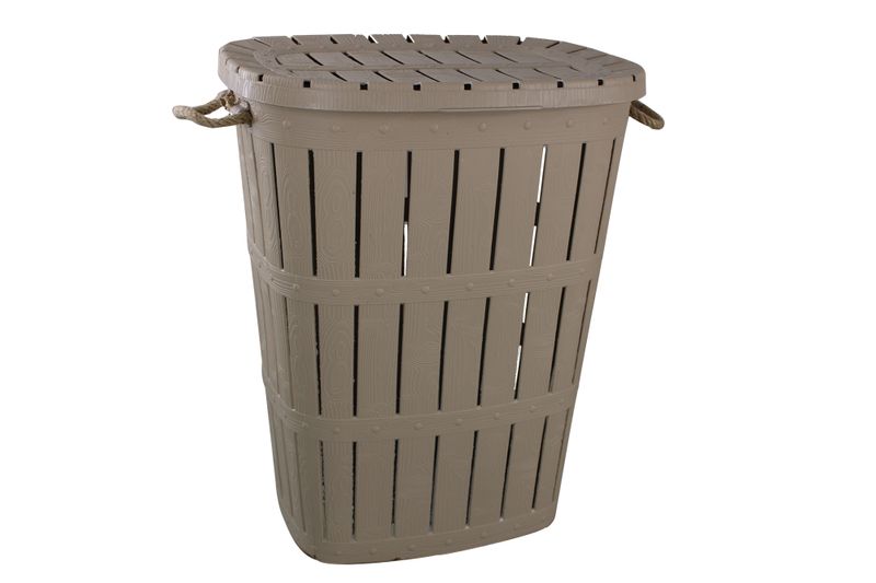 62L Beige Laundry Basket with Rope Handles and Hinged Lid - Wooden Texture