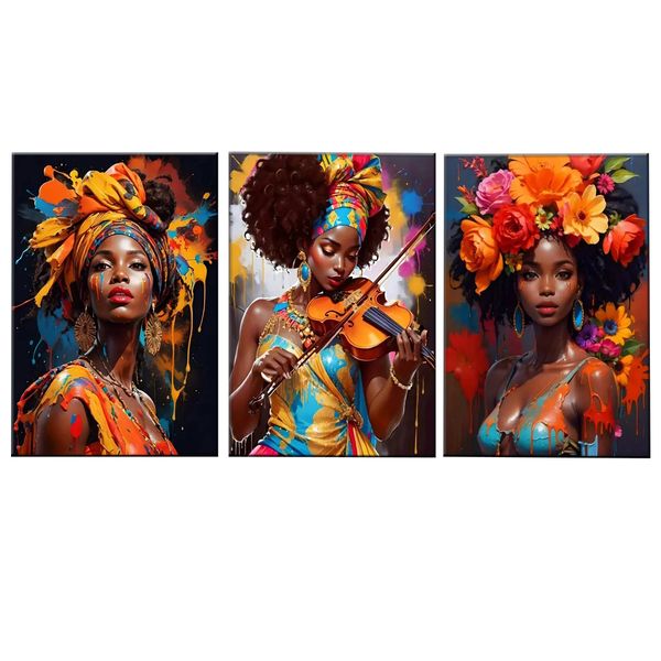 Canvas Art - 3 Pieces African Oil Painting Beautiful Woman Abstract Wall Art