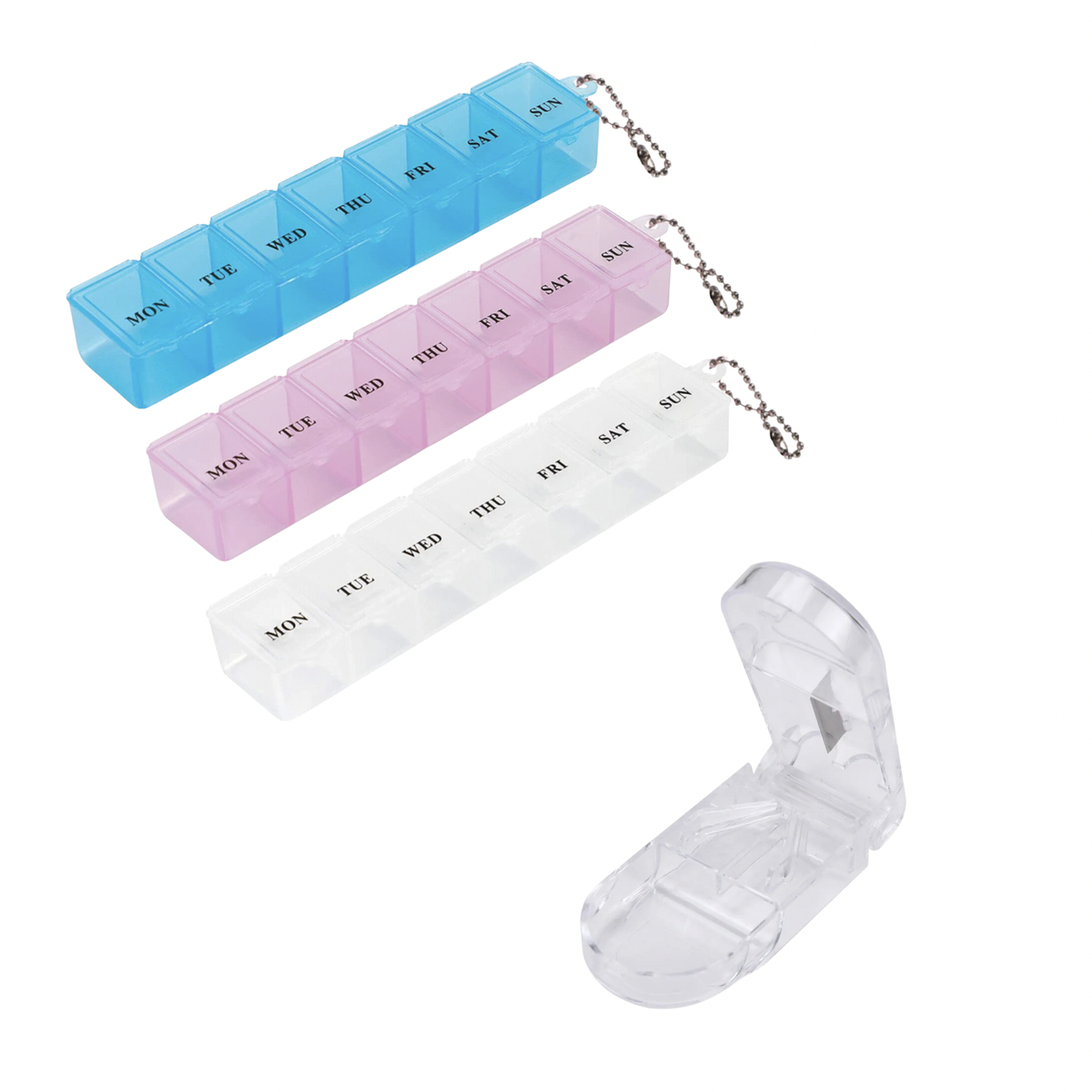 3Pack Daily Pill Organisers with Keyring + Portable Pill Cutter Shop