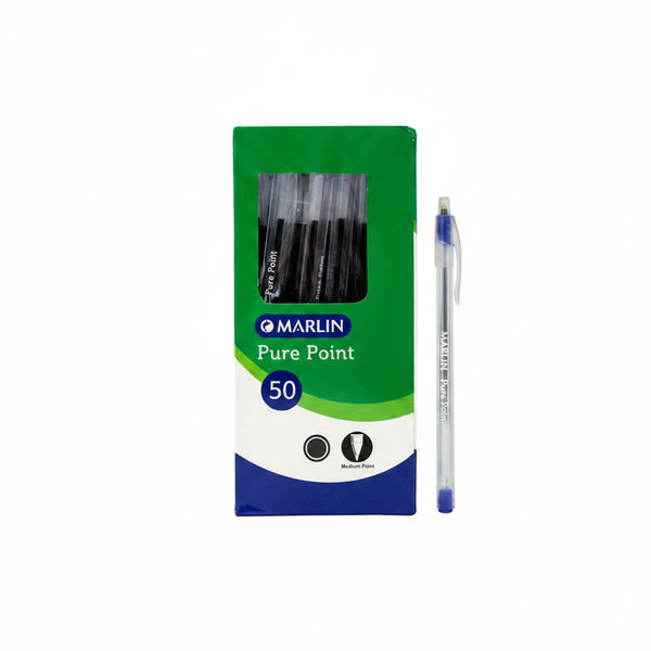 Marlin Blue Ink Medium Ballpoint Pens Transparent Barrel - 50 Pack