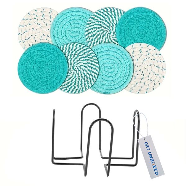 Get Unboxed 8 Pack Drink Coasters with Holder Cotton Woven Coaster Set