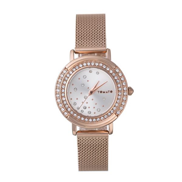 Tomato Ladies Watch - 32mm Rose Gold Mesh &amp; Silver Dial with Stones