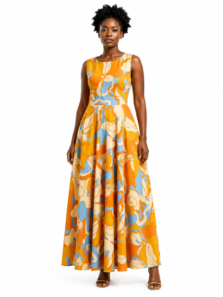 iGoda Sunset Muse Sleeveless Bow Back Maxi Dress- Floral Orange